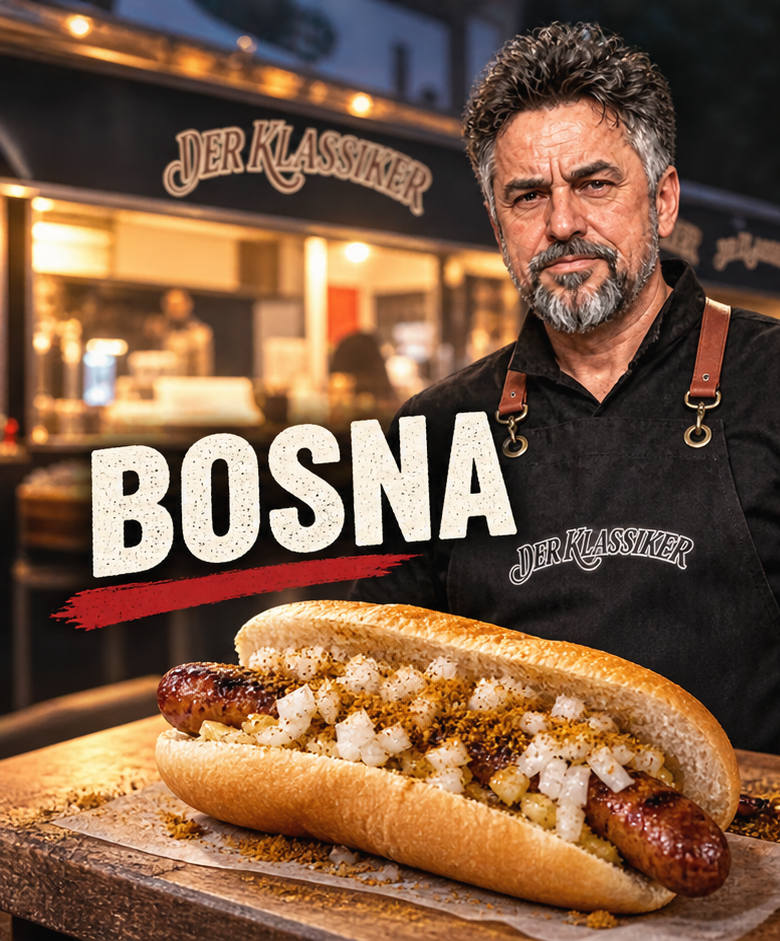 Bosna im knusprigen Brot mit Würstchen und Zwiebeln