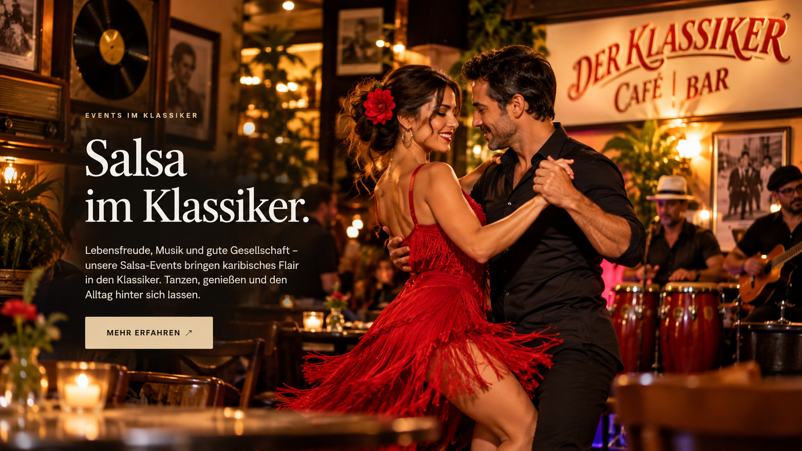 Salsa-Tanzpaar im Café Der Klassiker, KI-generiertes Werbemotiv